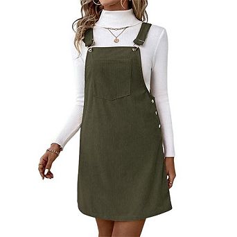 Women's Summer Casual Corduroy Vintage Style Suspender Dress Strap Midi Dresses with Pocket
