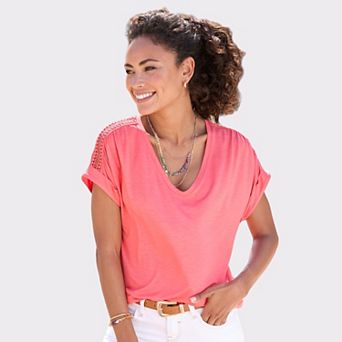 Lascana Women's Crochet Insert V-Neck Top