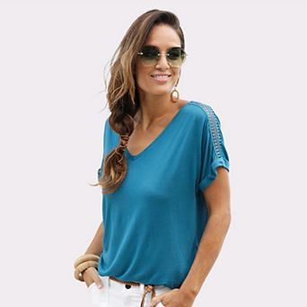 Lascana Women's Crochet Insert V-Neck Top