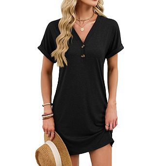 Women's Casual T Shirt V Neck Dress Midi Dress Summer Button Short Sleeve Dresses