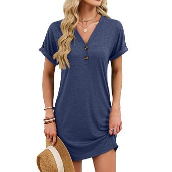 Women's Casual T Shirt V Neck Dress Midi Dress Summer Button Short Sleeve Dresses