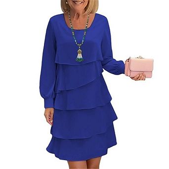 Round Neck Long Sleeve Layered Dress for Women Loose Fit Solid Color Midi Dresses