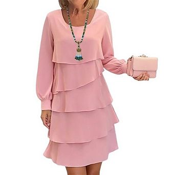 Round Neck Long Sleeve Layered Dress for Women Loose Fit Solid Color Midi Dresses