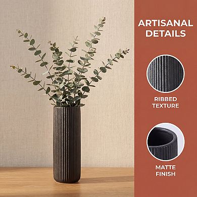 Modern Cylinder Ceramic Flower Vase, Matte Ribbed Decorative Bud Vase, Home Decor Centerpiece