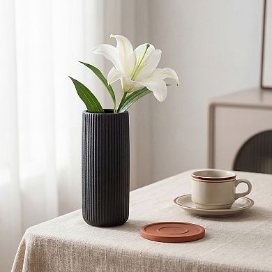 Modern Cylinder Ceramic Flower Vase, Matte Ribbed Decorative Bud Vase, Home Decor Centerpiece