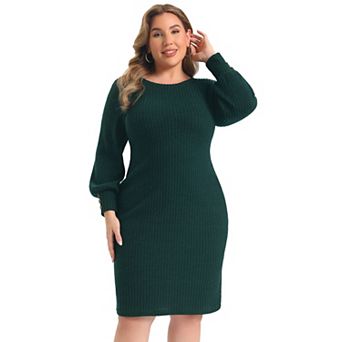 Women's Plus Size Sweater Dress Ribbed Knit Lantern Sleeve Crew Neck Midi Slim Fitted Bodycon Dress