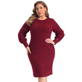 Women's Plus Size Sweater Dress Ribbed Knit Lantern Sleeve Crew Neck Midi Slim Fitted Bodycon Dress