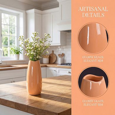 Small Ceramic Bud Modern Cylinder Vase, Ribbed Decorative Flower Vase for Shelf Bathroom
