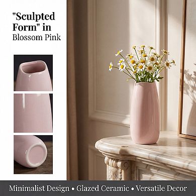 Small Ceramic Bud Modern Cylinder Vase, Ribbed Decorative Flower Vase for Shelf Bathroom