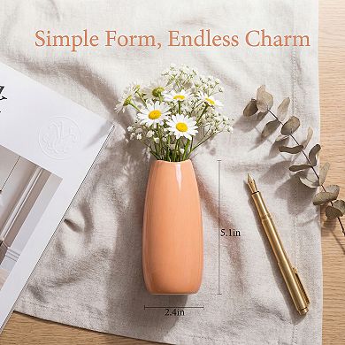 Small Ceramic Bud Modern Cylinder Vase, Ribbed Decorative Flower Vase for Shelf Bathroom