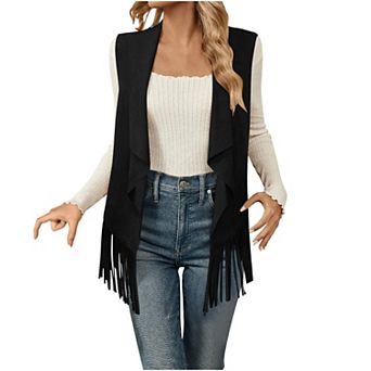 Women's Boho Fringe Open Front Vest Sleeveless Suede Western Cowgirl Rodeo Outwear Tops
