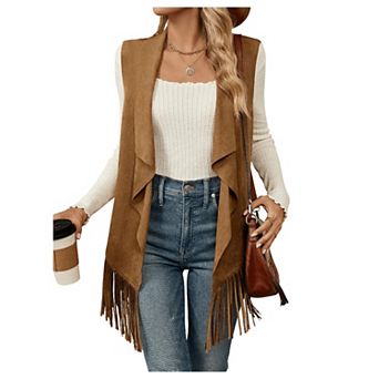 Women's Boho Fringe Open Front Vest Sleeveless Suede Western Cowgirl Rodeo Outwear Tops