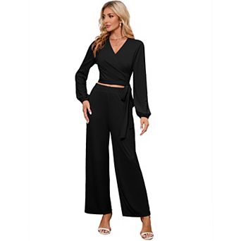 Women's Long Sleeve V Neck Wide Leg Pants 2 pc Set