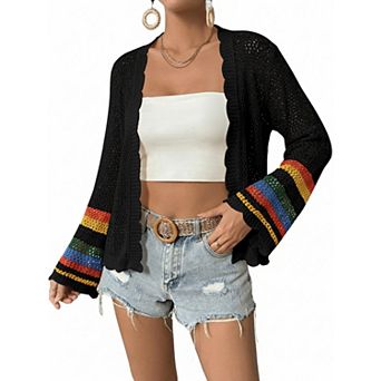 Women's Crochet Cardigan Bohemian Hollow Out Sweater Long Sleeve Open Front Cardigan Sweater
