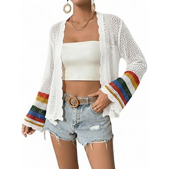 Women's Crochet Cardigan Bohemian Hollow Out Sweater Long Sleeve Open Front Cardigan Sweater