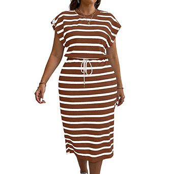Women Plus Size Summer Maxi Dress Striped Split Cap Sleeve Beach Vacation Casual Long Sundresses