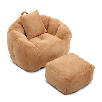 Giant Bean Bag Chair with Footstool - Oversized Faux Fur Floor Sofa for Living Room Bedroom Gaming