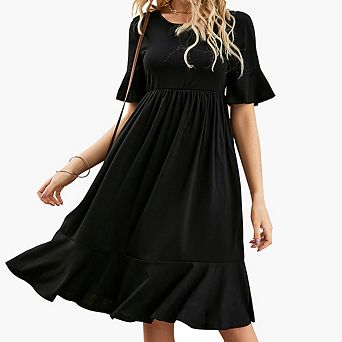 Women's Summer Empire Waist Dress Ruffle smocked Flutter Crew Neck Midi Dresses Daily Casual Dress