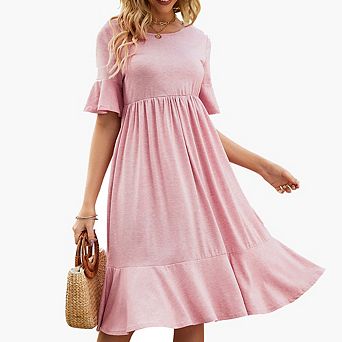 Women's Summer Empire Waist Dress Ruffle smocked Flutter Crew Neck Midi Dresses Daily Casual Dress