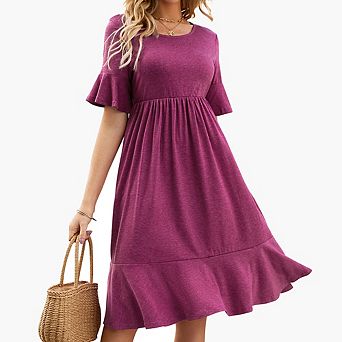 Women's Summer Empire Waist Dress Ruffle smocked Flutter Crew Neck Midi Dresses Daily Casual Dress