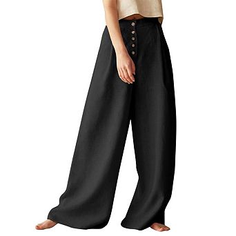 Women's Summer High Waisted Cotton Linen Palazzo Wide Leg Casual Pants with Pockets