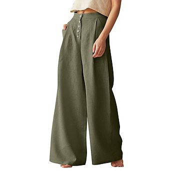 Women's Summer High Waisted Cotton Linen Palazzo Wide Leg Casual Pants with Pockets