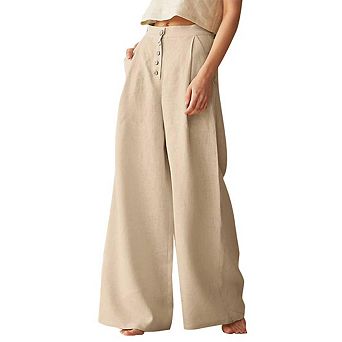 Women's Summer High Waisted Cotton Linen Palazzo Wide Leg Casual Pants with Pockets