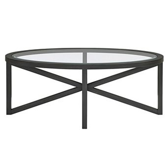 46" Modern Round Glass Side Table, Coffee Table with Solid Wood Base for Living Room Office