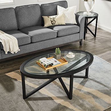 46" Modern Round Glass Side Table, Coffee Table with Solid Wood Base for Living Room Office