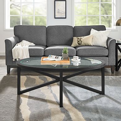 46" Modern Round Glass Side Table, Coffee Table with Solid Wood Base for Living Room Office
