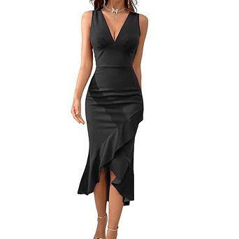 Women V Neck Sleeveless Faux Wrap Ruched Bodycon Midi Ruffle Hem Cocktail Party Wedding Guest Dress