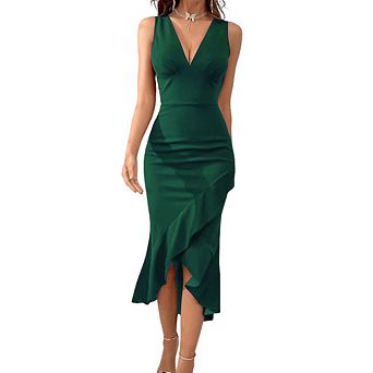 Women V Neck Sleeveless Faux Wrap Ruched Bodycon Midi Ruffle Hem Cocktail Party Wedding Guest Dress