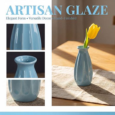 Small Ceramic Bud Cylinder Vase Matte Ribbed Decorative Flower Vase Bathroom Boho Home Decor Accent