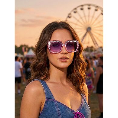 Unisex Rectangular Big Full-Frame Sunglasses Rhinestone Surround Design Sun Glasses UV Protection