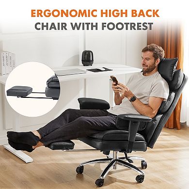 Executive Ergonomic Office Chair with Footrest, Reclining PU Leather High Back Chair