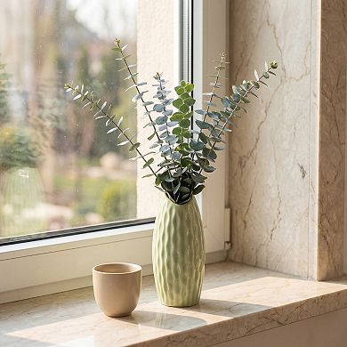 Small Ceramic Bud Modern Cylinder Vase, Matte Ribbed Decorative Flower Vase for Desktop, Shelf