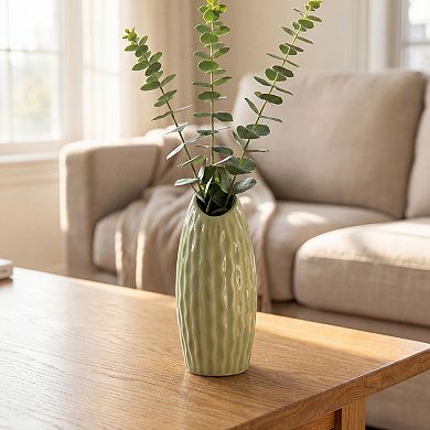 Small Ceramic Bud Modern Cylinder Vase, Matte Ribbed Decorative Flower Vase for Desktop, Shelf