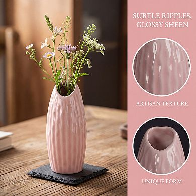 Small Ceramic Bud Modern Cylinder Vase, Matte Ribbed Decorative Flower Vase for Desktop, Shelf