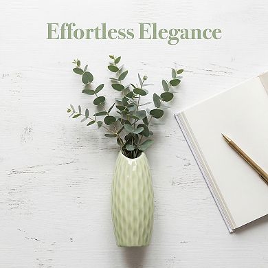 Small Ceramic Bud Modern Cylinder Vase, Matte Ribbed Decorative Flower Vase for Desktop, Shelf