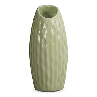Small Ceramic Bud Modern Cylinder Vase, Matte Ribbed Decorative Flower Vase for Desktop, Shelf