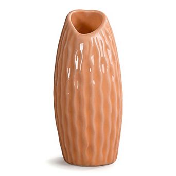 Small Ceramic Bud Modern Cylinder Vase, Matte Ribbed Decorative Flower Vase for Desktop, Shelf