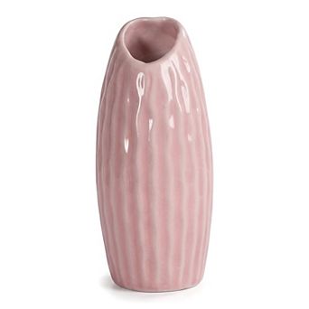 Small Ceramic Bud Modern Cylinder Vase, Matte Ribbed Decorative Flower Vase for Desktop, Shelf