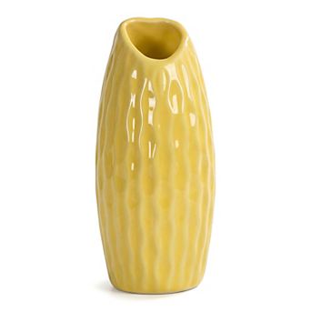 Small Ceramic Bud Modern Cylinder Vase, Matte Ribbed Decorative Flower Vase for Desktop, Shelf