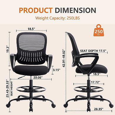 Tall Drafting Office Chair with Foot Ring, Fixed Armrests, Adjustable Height Swivel Chair