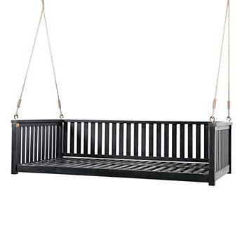 Patio Twin Size Garden Swing Bed Wood Porch Swing with Ropes for Backyard, Safe Sloped Design