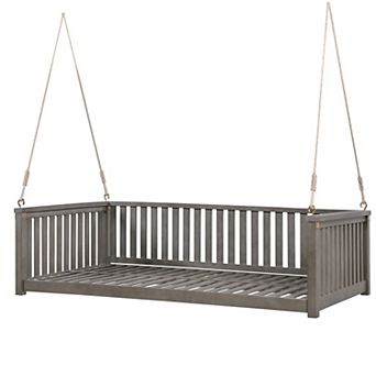 Patio Twin Size Garden Swing Bed Wood Porch Swing with Ropes for Backyard, Safe Sloped Design