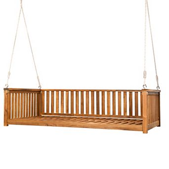 Patio Twin Size Garden Swing Bed Wood Porch Swing with Ropes for Backyard, Safe Sloped Design