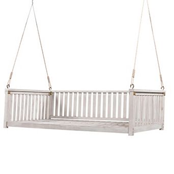 Patio Twin Size Garden Swing Bed Wood Porch Swing with Ropes for Backyard, Safe Sloped Design