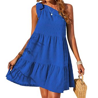 Women Asymmetric Shoulder One Strap Jacquard Plaid Short Dress Bow Tie Design Vacation Casual Dress