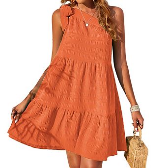 Women Asymmetric Shoulder One Strap Jacquard Plaid Short Dress Bow Tie Design Vacation Casual Dress